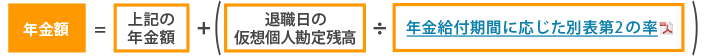 年⾦額＝上記の年⾦額＋（退職⽇の仮想個⼈勘定残⾼÷年⾦給付期間に応じた別表第2の率（100％－⼀時⾦の選択割合＊)）